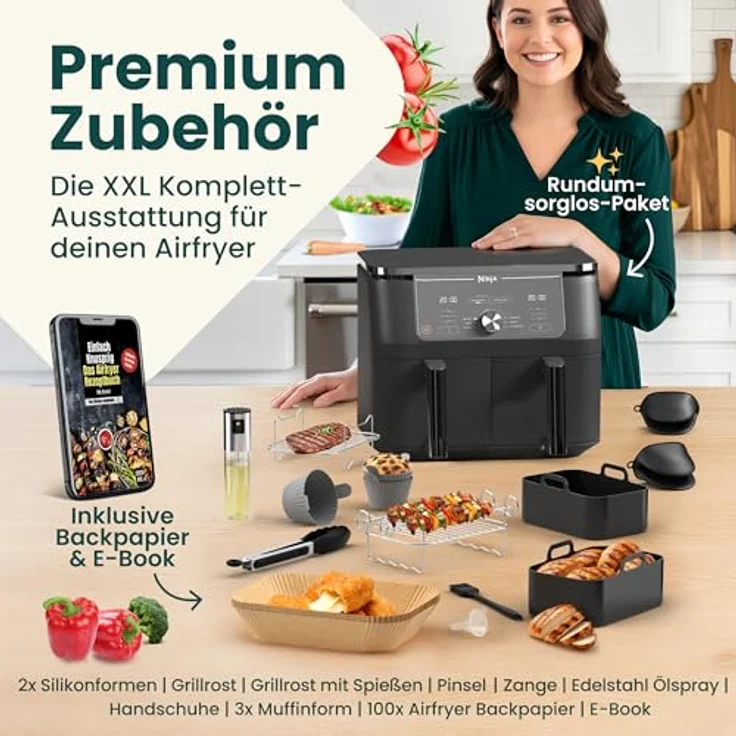 Krustenwerk Airfryer Zubehör Set, 13-teilig mit exakter Passform für Ninja AF400EU, Hitzebeständiges Silikon, 150 Rezepte E-Book – Bild 1