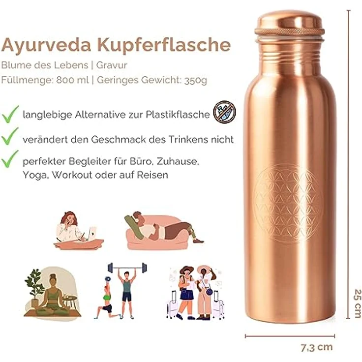 bodhi Kupfer Trinkflasche, 800 ml Blume des Lebens, gesundheitsfördernd – Bild 2