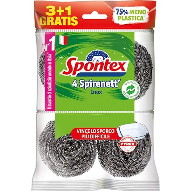 Spontex Spirenett' 3+1, Stahl-Schnitzel zur Entfernung von hartnäckigsten Schmutz von Töpfen, Geschirr und Gittern, 4 Stück