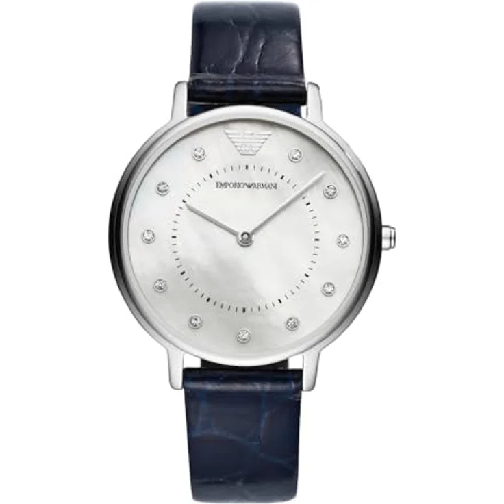 Emporio Armani Damen Uhr AR11095, 32mm Silbernes Edelstahlgehäuse mit Blauem Lederband – Bild 1
