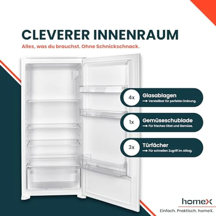 homeX CB1991E Einbaukühlschrank, 199 Liter, ohne Gefrierfach, Schlepptürtechnik, LED-Beleuchtung, 39 dB, für 122 cm Nische – Bild 4