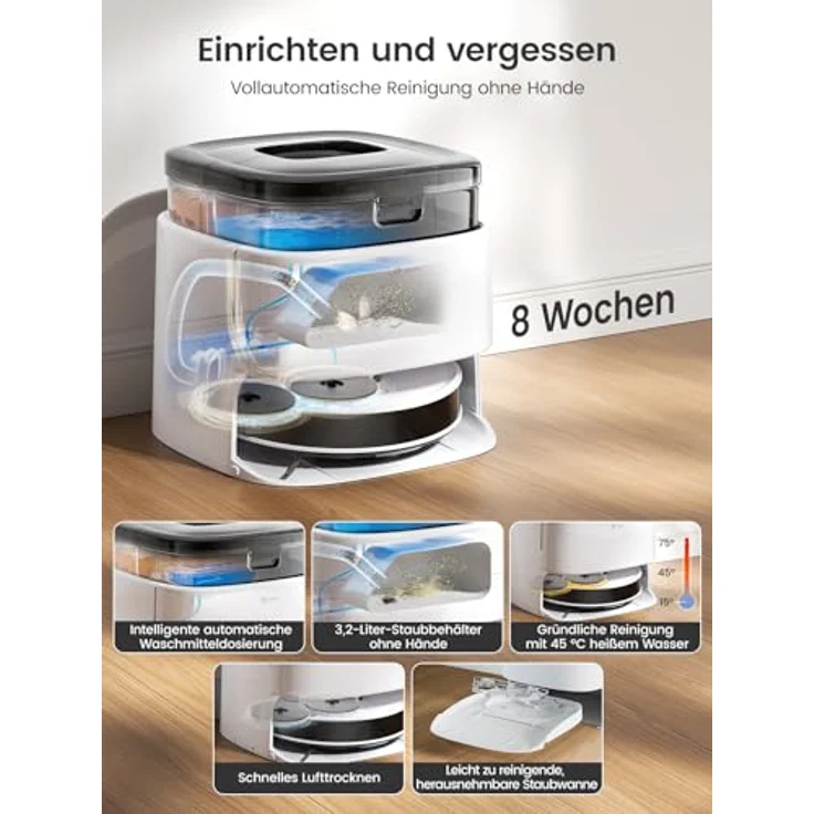 LEFANT M3 Saugroboter mit Wischfunktion, 12000 Pa Saugleistung, Automatische Staubentleerung, LiDAR Navigation, Teppicherkennung, App & Sprachsteuerung, 8 Wochen Hands-Free Reinigung, Schwarz – Bild 3