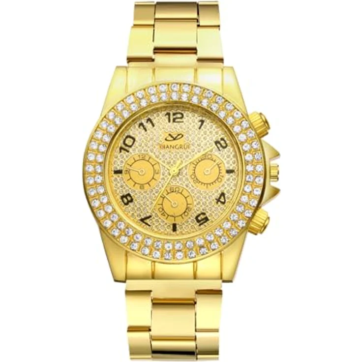 JewelryWe Uhren Herren Edelstahl Diamant, Gold Armbanduhr mit Zirkonia, Analog Quarz, 10m wasserdicht, Geschenk für Männer – Bild 1