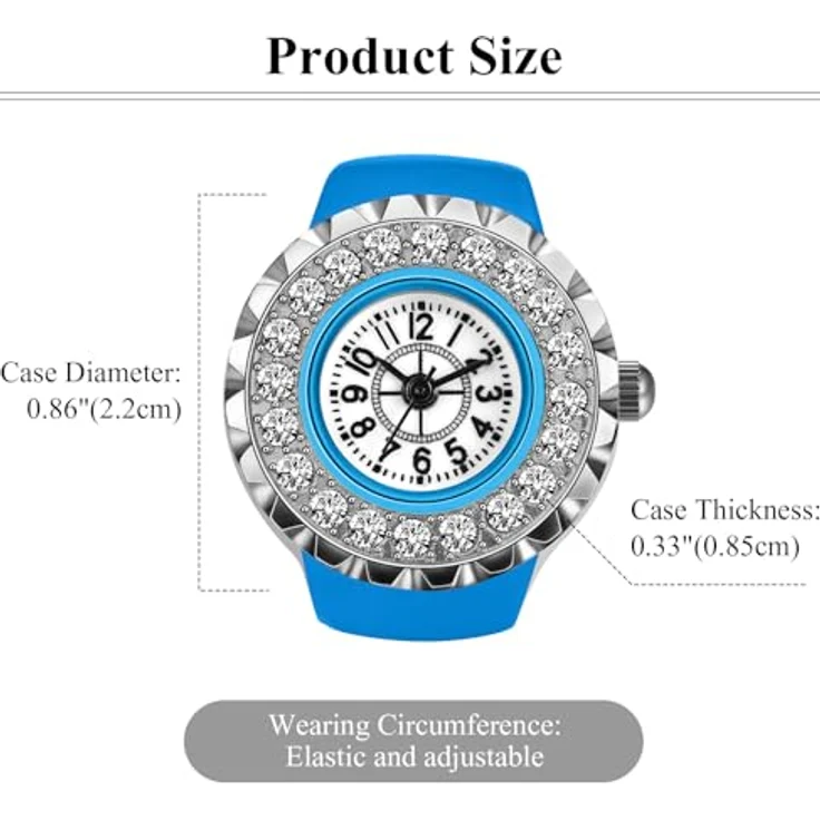 JewelryWe Ringuhr Fingeruhr Damen, Elastisch, Elegant mit Glitzer Strass, Rund Analog Quarz, Blau Legierung, Wasserdicht bis 10m – Bild 4