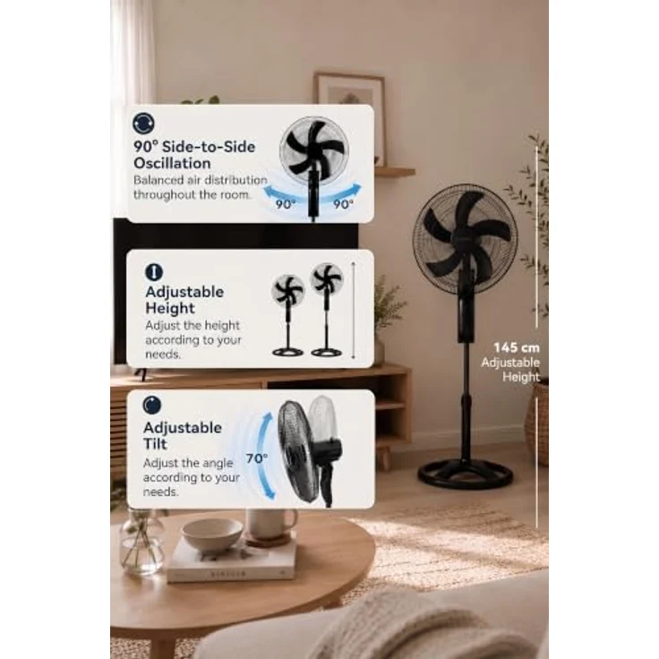 KUMTEL Standventilator KTF-340, 45 cm Durchmesser, 60 W, höhenverstellbar bis 145 cm, 90° oszillierend, geräuscharmer Betrieb, schwarz – Bild 7