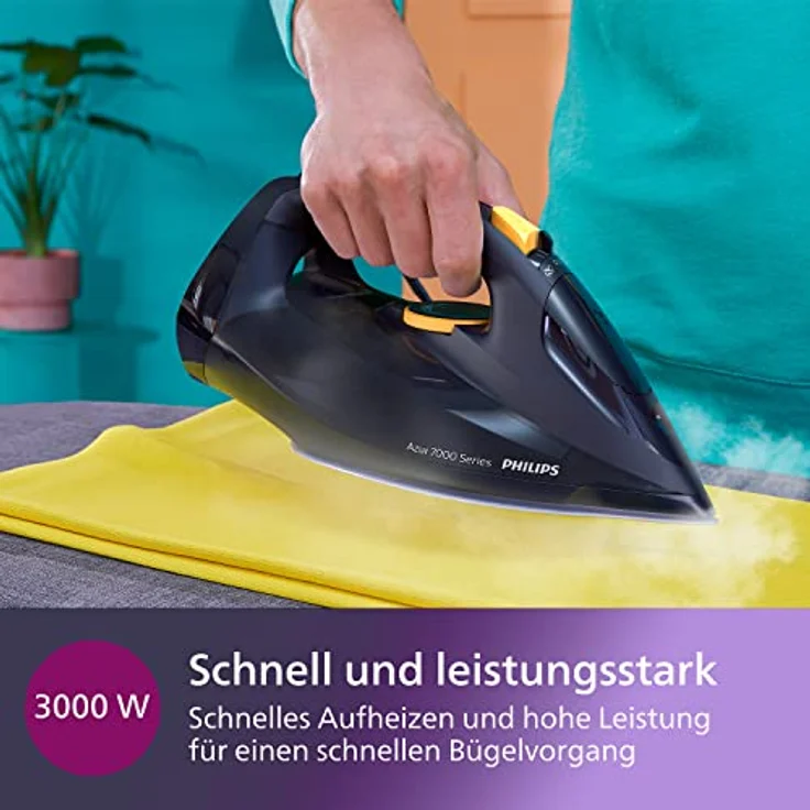 Philips Azur 7000 Series Dampfbügeleisen - 3000W, 55 g/min Kontinuierlicher Dampf, 250 g Dampfstoß, Vertikaldampf, SteamGlide Elite Bügelsohle, Dunkelblau/Gelb (DST7060/20) – Bild 4