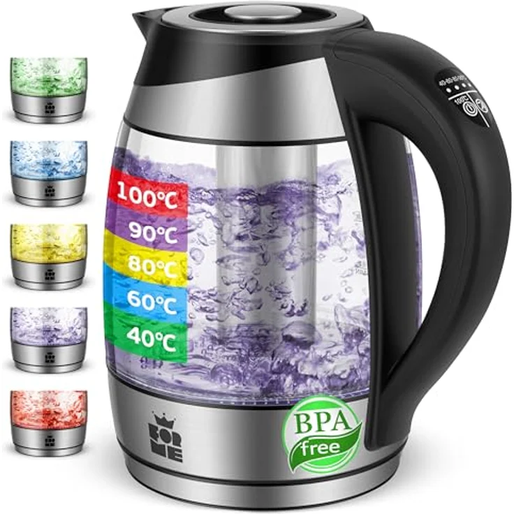 FOR ME Glas Elektrischer Wasserkocher mit Teesieb 1,8L, Temperaturwahl 40-100°C, LED-Beleuchtung in 5 Farben, Warmhaltefunktion, BPA-frei – Bild 1