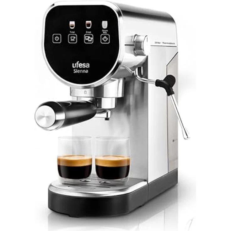 Ufesa Sienna, Siebträgermaschine mit 20 Bar Druck, 1360 Watt, Silber und Schwarz, inkl. digitalem Touch-Panel und abnehmbaren Wassertank – Bild 1