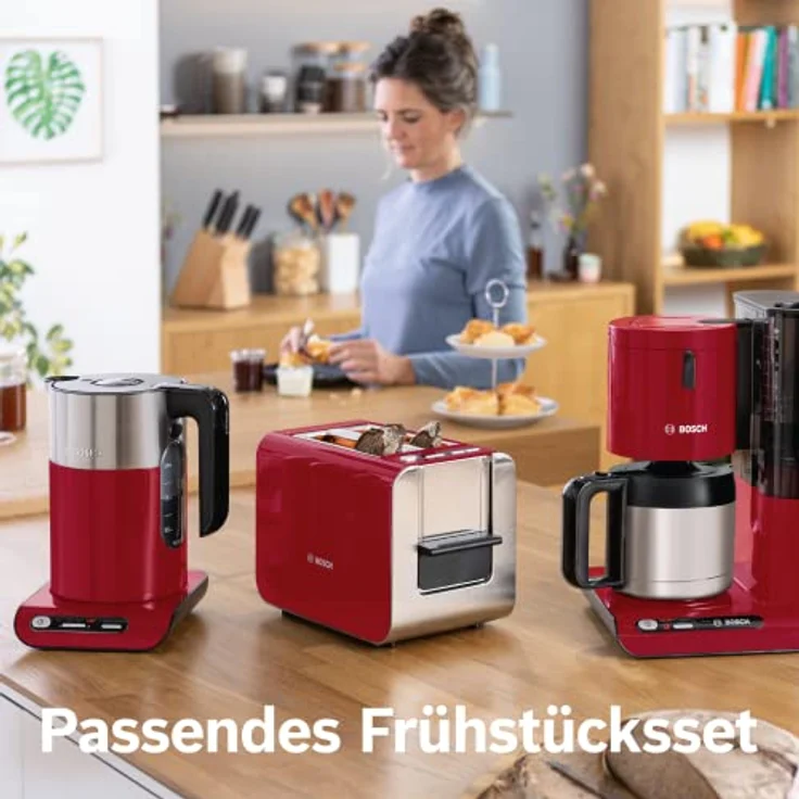 Bosch TWK8614P Styline Wasserkocher mit Filter, 2400 Watt, 1,5 l, Wasserstandsanzeige, Einhand-Deckelöffnung, Edelstahl, rot – Bild 3
