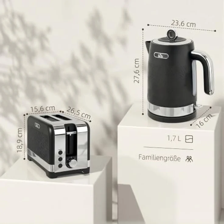 HOMCOM Wasserkocher- und Toaster-Set, 2200 W, 1,7 l mit Thermostat, Schwarz, Anti-Rutsch-Füßen und herausnehmbarer Krümelschublade – Bild 9