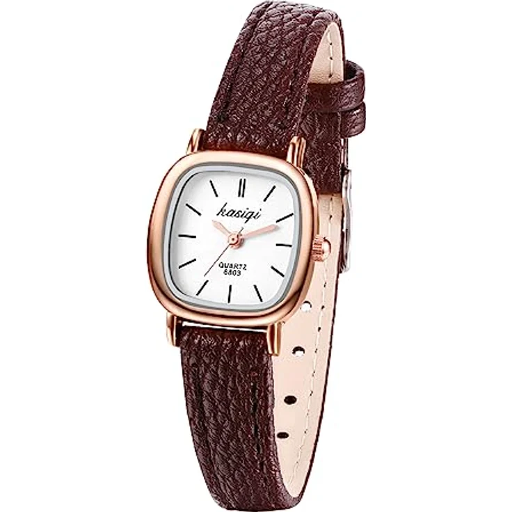 JewelryWe Damenuhr Vintage Quadrat Analog Quarz mit Braun Leder Armband und Rosegold Gehäuse, Wasserdichte Armbanduhr für Frauen und Mädchen – Bild 1