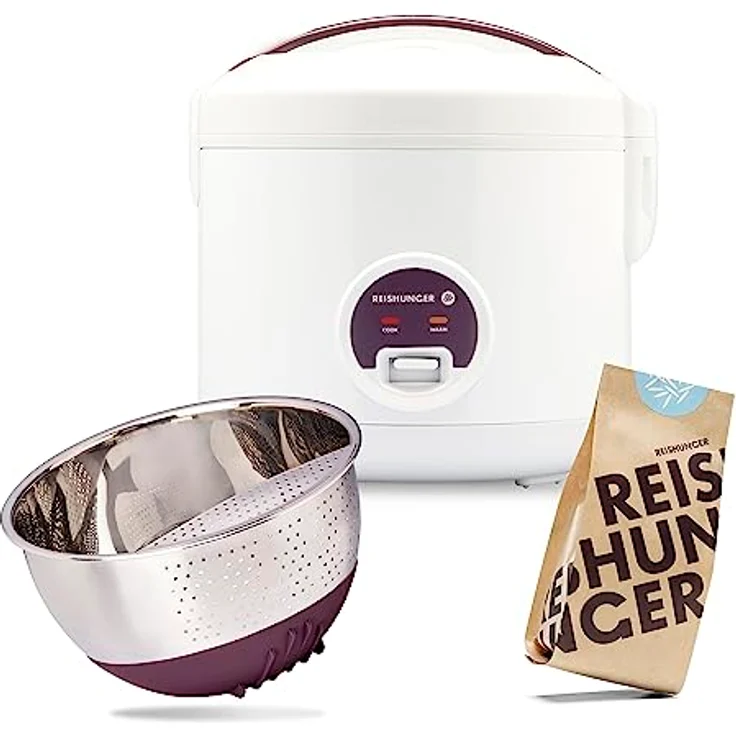 Reishunger Reiskocher & Dampfgarer mit Keramikbeschichtung Starterset (10-teilig) inkl. Dämpfeinsatz, Löffel, Messbecher, 8-teiligem Reisset & Edelstahl Reiswaschschüssel, glänzende Keramikbeschichtung, 1.2 l Fassungsvermögen, 500 W, 220 V – Bild 1