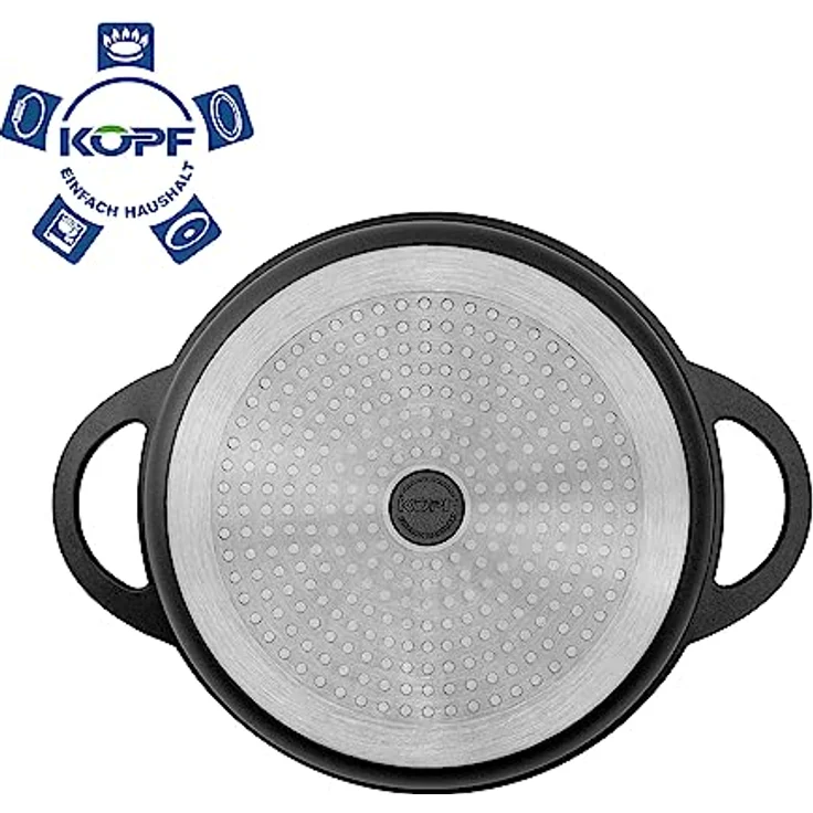 Kopf Schmorpfanne Aluguss Atavola Ø 28 cm mit ILAG Basic Antihaftbeschichtung, Induktion Servierpfanne inkl. Griffschutz aus Silikon und Deckel, backofenfest, Höhe 8 cm, schwarz – Bild 4