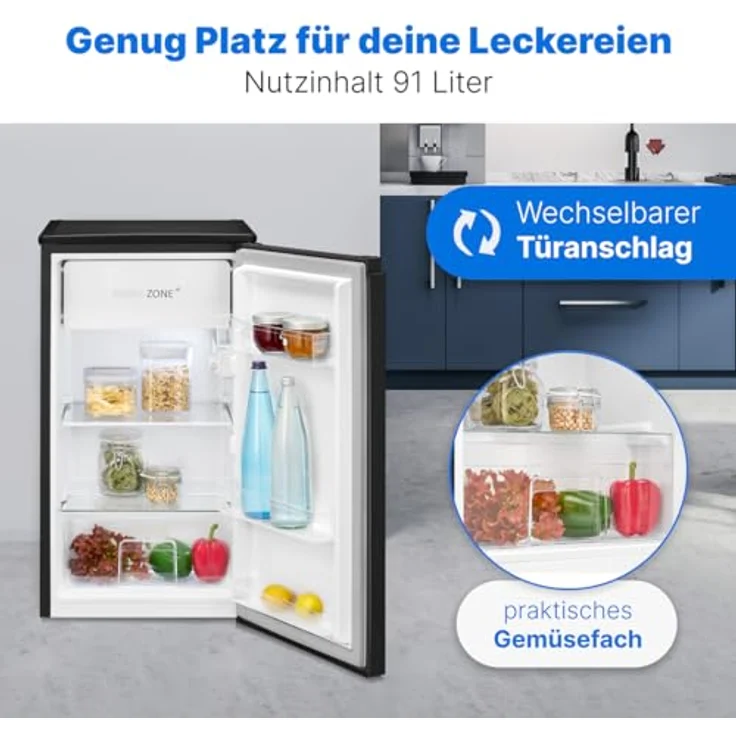 Bomann® Fridge KS 7254, Kühlschrank mit Gefrierfach, 91L, 2 Ablagen, Gemüsefach, wechselbarer Türanschlag, leise, schwarz – Bild 2