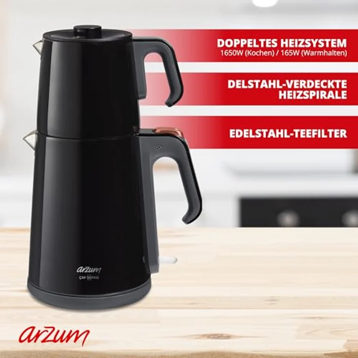Arzum AR3080-S Çay Sefası Tea Machine in Schwarz, 1.8L stoneless steel kettle, 1.2L stoneless steel teapot, 360° rotation – Bild 3