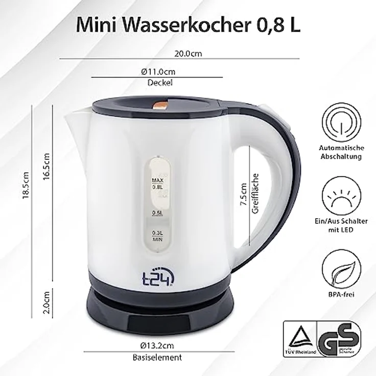 T24 Mini Wasserkocher Reisewasserkocher 0,8 Liter , 1100 Watt, weiß – Bild 3