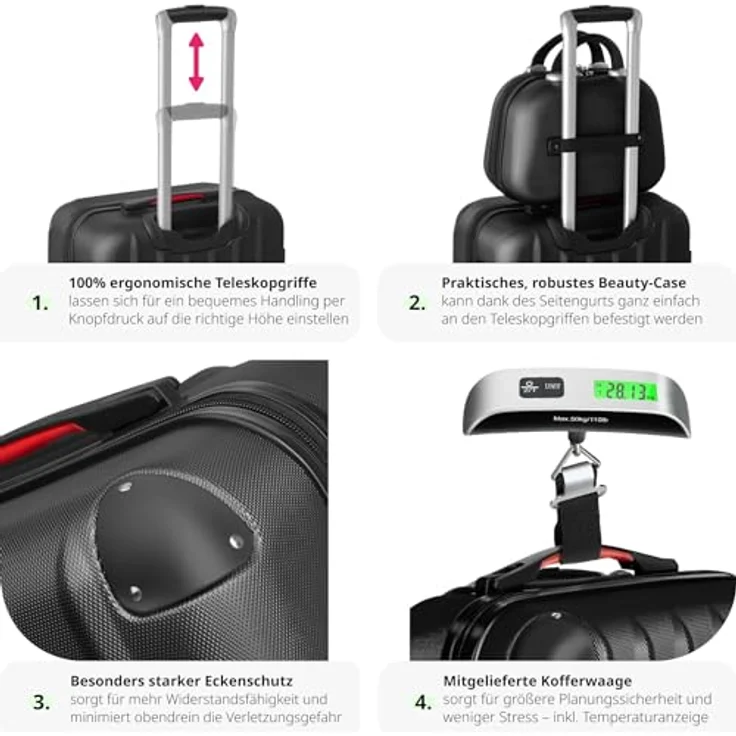 tectake® 4-teiliges Reisekoffer Kofferset inkl. Kofferwage und Gepäckanhänger, 360° Rollen, Hartschalenkoffer mit Zahlenschloss, Koffer groß, ineinander stapelbar, Trolley Handgepäck - schwarz – Bild 3