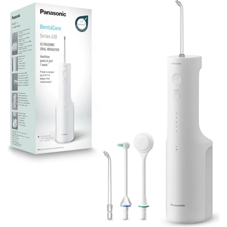 Panasonic Series 600 EW-DJ67-W303, kabellose Ultraschall-Munddusche mit 200 ml Wassertank, IPX7, 5 Wasserdruckstufen, 2 Ultraschalldüsen, 1 kieferorthopädische Düse, 1 Zungenreinigungsdüse, Weiß – Bild 1