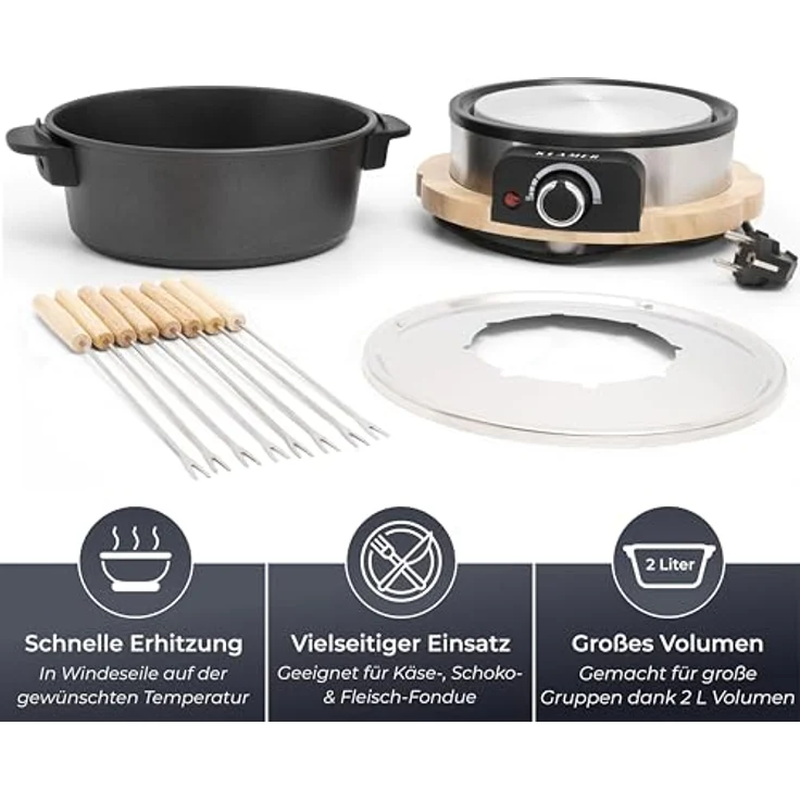 KLAMER Elektro-Fondue Set für bis zu 8 Personen, 1300W, Holzdesign, 1,5L Aluguss-Topf – Bild 3
