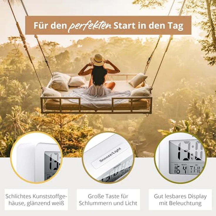 Mebus digitaler Funk-Wecker Modell 51461, Weiß mit Mondkalender, Innenthermometer, 2 Weckzeiten, Schlummer-Funktion und Hintergrundbeleuchtung – Bild 5