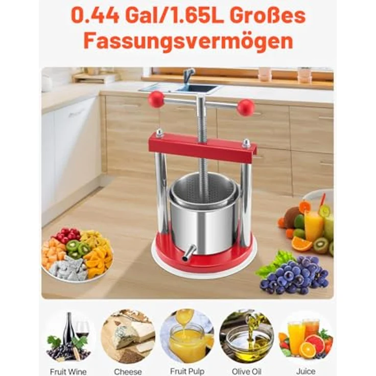 VEVOR Obstweinpresse Apfelmühle (1,65 L) mit 2 Edelstahlfässern, manueller Entsafter und robustem Design für gesunden Saft – Bild 3