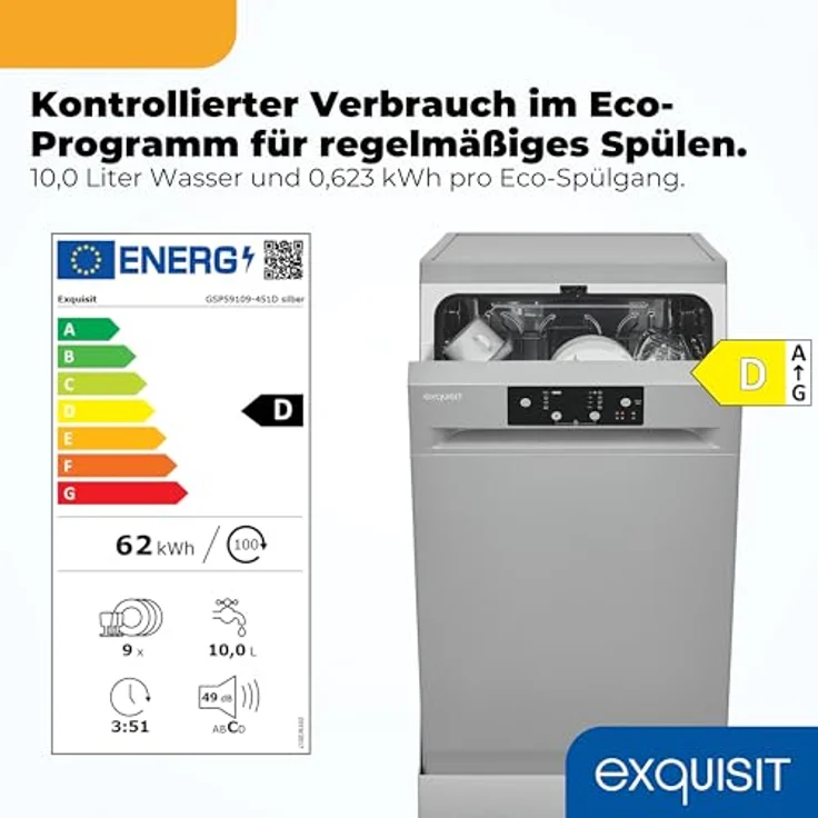 Exquisit GSP59109-451D, Geschirrspüler Unterbaufähig, 9 Maßgedecke, 4 Programme, Aquastop-Schlauch, 49 dB, Silber – Bild 2