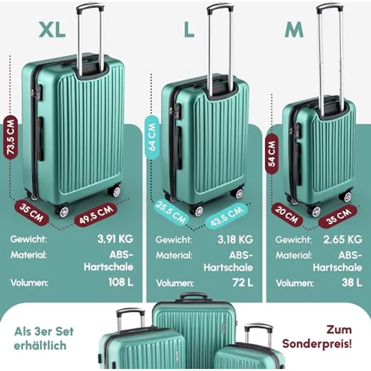 Easy Move ABS Hartschalenkoffer [ERGONOMISCH & SICHER] - Großer Trolley Koffer mit 360° Rädern, Zahlen Schloss - Pink, Set – Bild 5