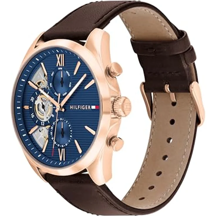 Tommy Hilfiger Multi Zifferblatt Quarz Uhr für Herren mit Braunes Lederarmband - Präzises Quarzwerk, elegantes blaues Skelett-Zifferblatt – Bild 2