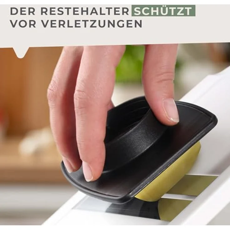 Fackelmann Gemüsehobel mit Restehalter, Gemüseschneider mit 2 Edelstahl-Klingen, hochwertiger Gurkenhobel (Farbe: Weiß-Schwarz), Menge: 1 Stück – Bild 6