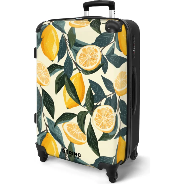 NoBoringSuitcases.com© Hartschalen-Trolley Beige mit Zitronen und Blättern 67x43x25cm, 4 Rollen, Hartschalenkoffer Mittel Groß, Frauen Trolley