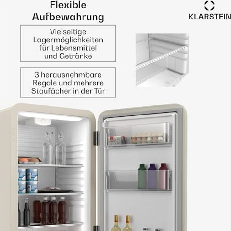 Klarstein Audrey Evo 90L Retro Mini Kühlschrank, 40 dB leise, verstellbare Füße, Wendetür, mechanisches Thermostat, creme – Bild 5