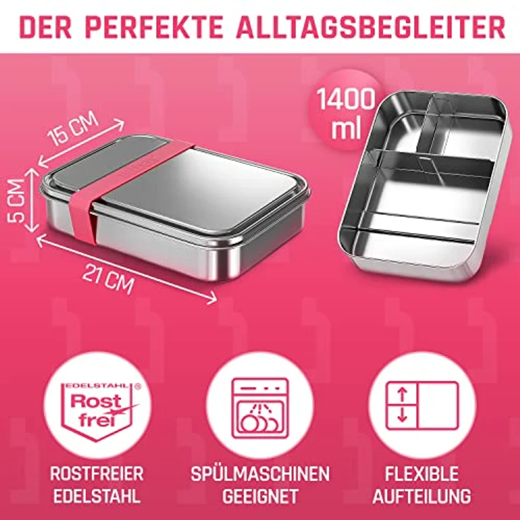 boddels Lunchbox SMACHT 1.400ml Brotdose aus Edelstahl, hält warm, mit Trennwand, Silikonband, BPA-frei – Bild 2