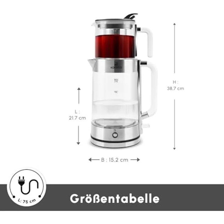 Karaca Luma Glas-Teemaschine, 2200W mit 0,8L Teekanne & 2L Wasserkocher, Warmhaltefunktion, LED-Beleuchtung, für 30 Gläser/13 Tassen, elegantes Glasdesign mit Griffen – Bild 2