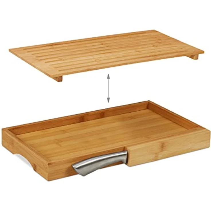 Relaxdays Brotschneidebrett, praktisches Brotbrett mit Messer aus Edelstahl, Krümelrost, Bambus, HBT 4x40x24 cm, natur – Bild 6