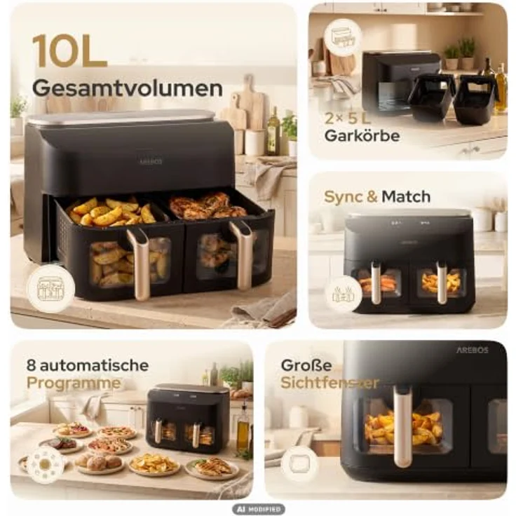 Arebos Heißluftfritteuse AR-HE-DPH10, 2450 W, 10 L, 2 Garzonen mit SYNC- & MATCH-Funktion, 2 Sichtfenster, Schwarz/Roségold – Bild 2