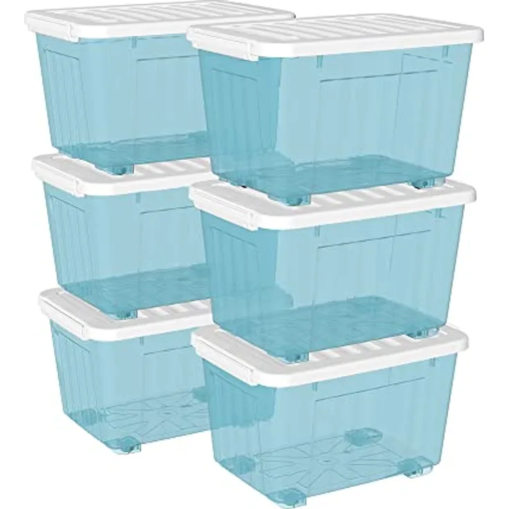 Cetomo 55 l x 6 Kunststoff-Aufbewahrungsbox, transparentblau, Tragetasche, Organisationsbehälter mit robustem Deckel und sicheren Verriegelungsschnallen, stapelbar und stapelbar, 6 Stück, mit Schnalle