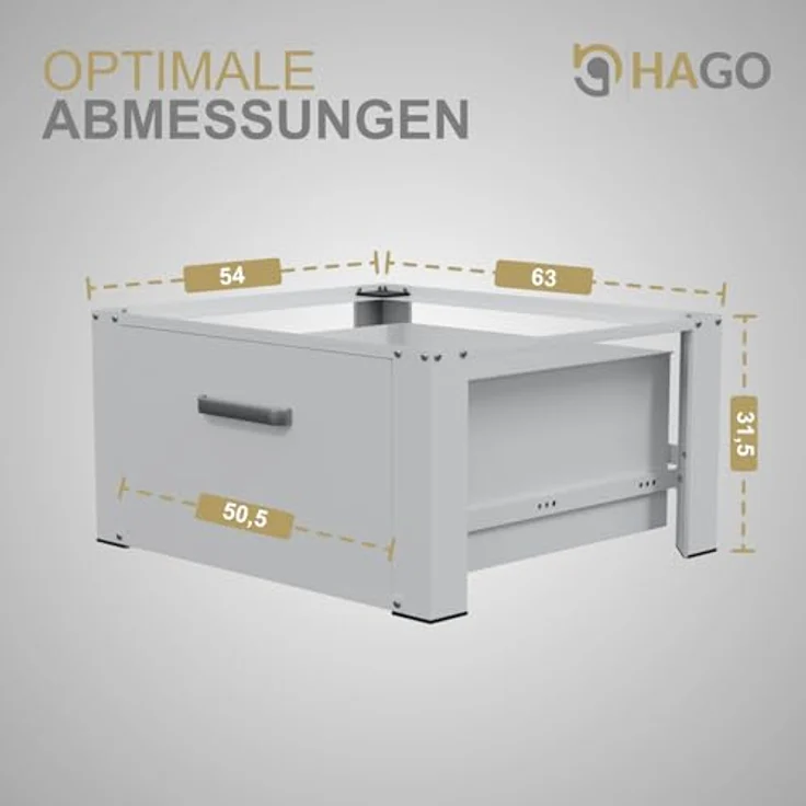 HAGO24 | Waschmaschinenuntergestell | Podest mit Schublade und Ablage | 150kg Traglast | Rückenschonend | Weiß | Aluminiumgriff – Bild 4