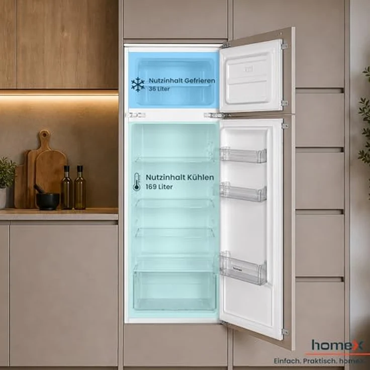 homeX CFB2051E Einbaukühlschrank mit Gefrierfach, 205 Liter, Schlepptür, für 145 cm Nische, Energieeffizienzklasse E, leiser Betrieb 37 dB – Bild 5