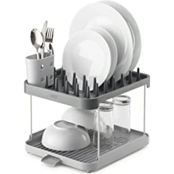 Joseph Joseph Duo Trockengestell mit 2 Ebenen, Abtropfgestell für Küchengeschirr mit Utensilientopf und Ausguss, grau