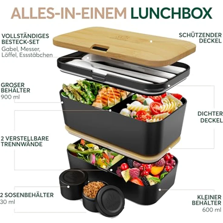 UMAMI Lunchbox Bento für Erwachsene, auslaufsichere Brotdose mit Fächern, inklusive Besteck und 2 Saucenbehältern, ideal für Meal Prep und Snacks – Bild 5