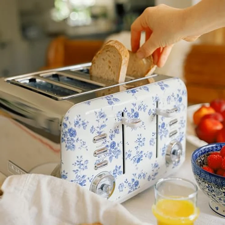 VQ Laura Ashley 4-Scheiben-Toaster, Edelstahl Vintage-Toaster mit 7 Bräunungsstufen, Auftau- und Aufwärmfunktion, China Rose – Bild 3
