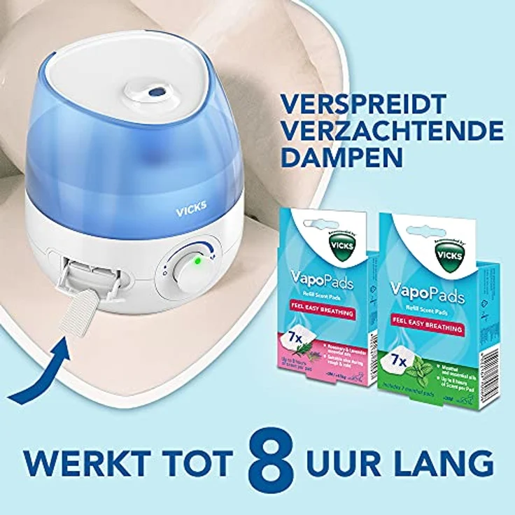 Vicks Mini Cool Mist Ultraschall-Luftbefeuchter VUL525 (kompakt, leise, für besseren Schlaf, Husten und Erkältung, ätherische Öle, Luftfeuchtigkeit, 15m2, weiß) – Bild 5