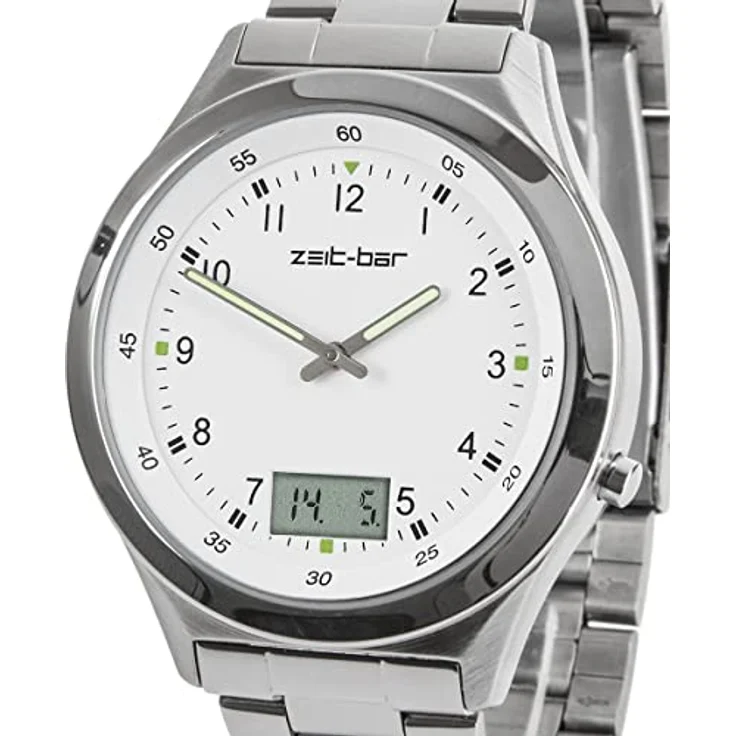Zeit-Bar Funk-Armbanduhr Herren, mit Datums- und Sekundenanzeige, Edelstahlgehäuse und LCD-Anzeige – Bild 4