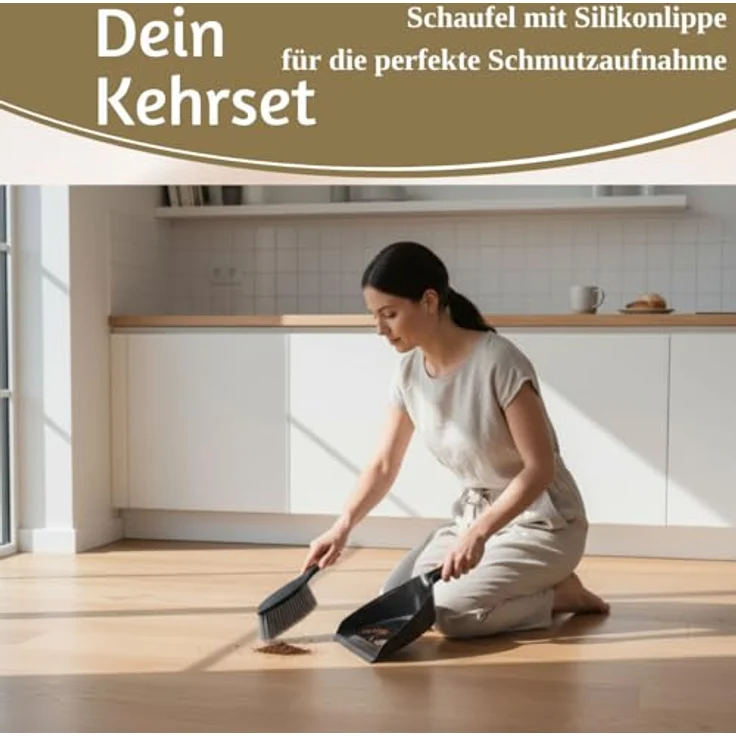 LS-LebenStil Kehrgarnitur 2-teilig, Kehrbesen mit langem Holzgriff und Kehrschaufel, Schwarz/Braun, ergonomisch, Click-System, 32x22 cm – Bild 4