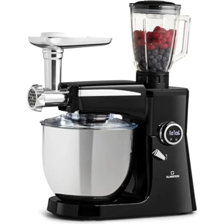 Klarstein Renata Rossa Küchenmaschine 3-in-1, 2000 W, 2,7 PS, 5 Liter Edelstahl Schüssel, inkl. Standmixer-, Fleischwolf-Aufsatz, schwarz – Bild 2