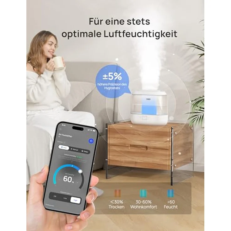 DREO Smart Luftbefeuchter für Schlafzimmer, 4L oben befüllbar, Ultraschall, Öl Diffusor, Nachtlicht, 36 Stunden Laufzeit, leiser Betrieb – Bild 3