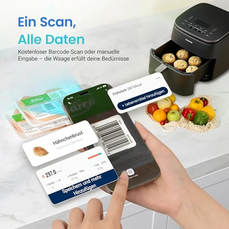 COSORI Küchenwaage digital mit Nährwertberechnung, 19 Nährstoffe verfolgt, 5kg Edelstahl-Lebensmittelwaage in Schwarz - Ideal für Gewichtsverlust und gesunde Ernährung – Bild 4