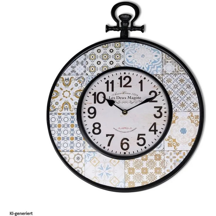 formano Wanduhr Fliesen gemustert, analoge Wanduhr Ø 40 cm, batteriebetrieben, schwarz mit dekorativen Akzenten im Landhausstil