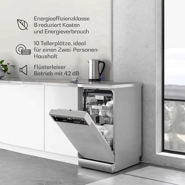 Klarstein Verosteel Geschirrspüler 45cm, freistehend, 10 Plätze, 9 Programme, 42 dB, Energieklasse B, AquaStop, Kindersicherung, Silber – Bild 3