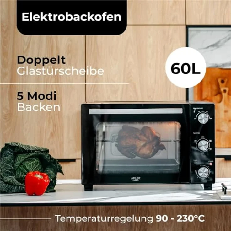 Adler Minibackofen AD 6028, 60L Elektrobackofen mit Umluft und Drehspieß, schwarz – Bild 8